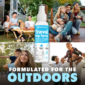 NatureStop travel-friendly spray ideal for hotels, camping, flights, and vacations.