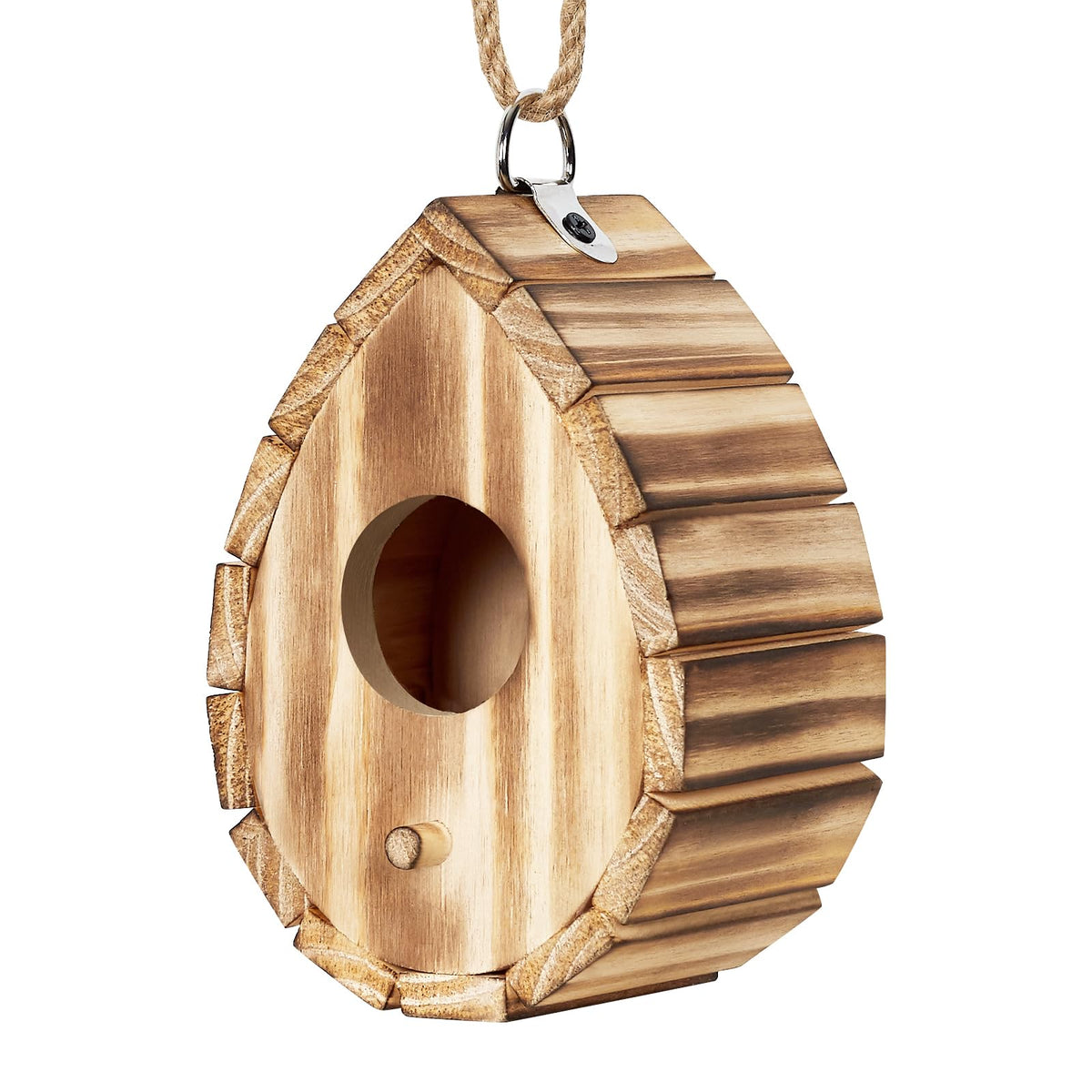 Natureylwl hummingbird house in natural wood for outdoor nesting and viewing.