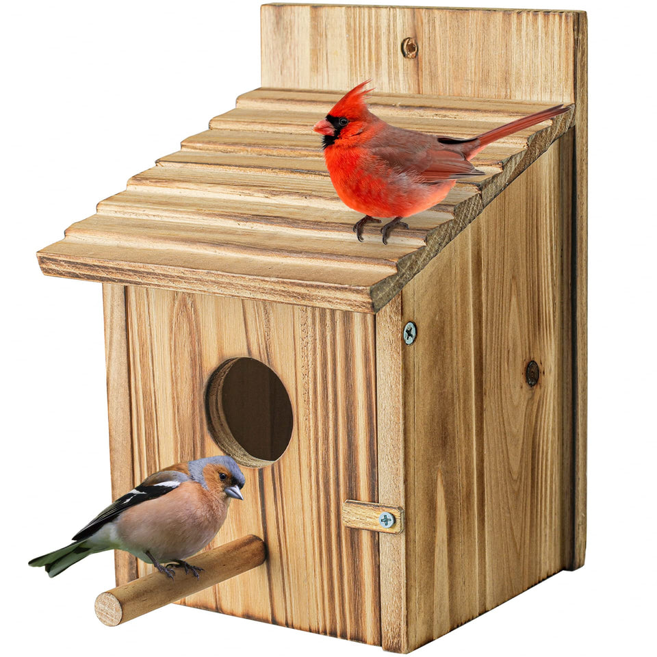 NATUREYLWL wood bird house with pole for year-round songbirds.