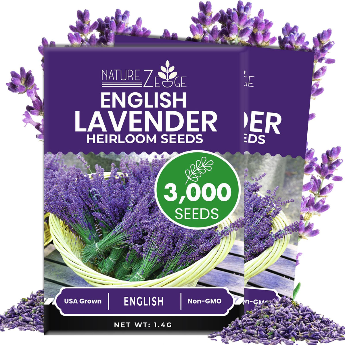 NatureZ Edge 3000 lavender seeds pack illustrates high germination potential for thriving plants.