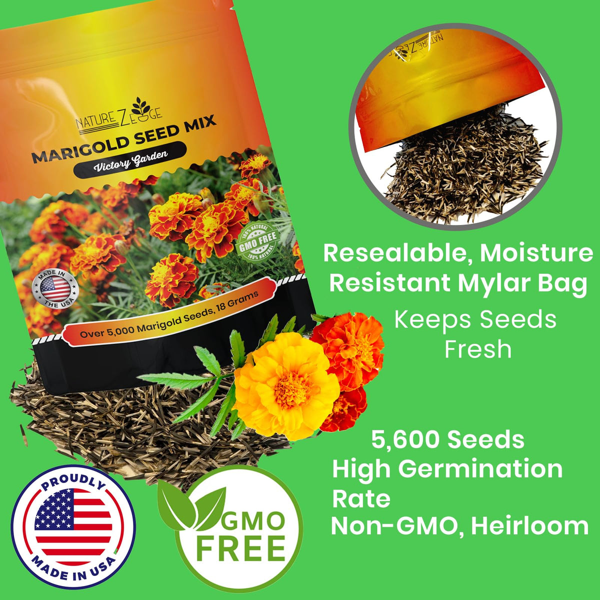 NatureZ Edge Marigold Seeds Mix blooms close-up in warm orange and yellow