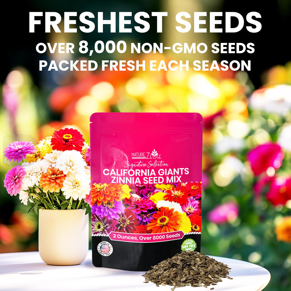 NatureZ Edge zinnia seeds California Giants for impressive container blooms.