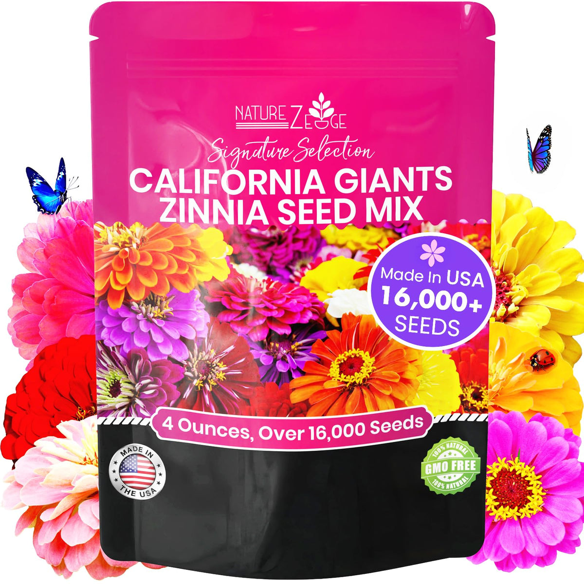NatureZ Edge zinnia Seeds outdoors showcasing California Giants in a vibrant garden border