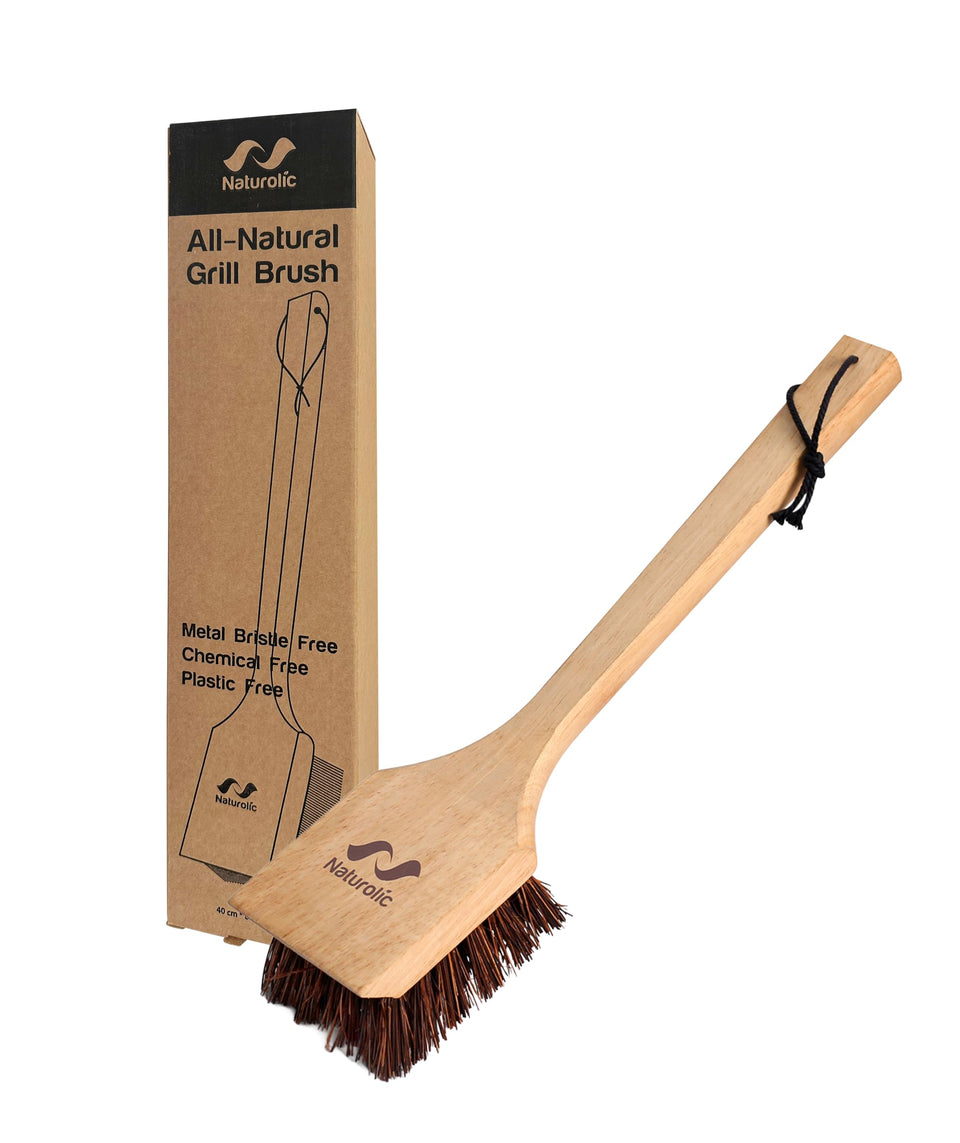 Naturolic wooden grill brush with 16 inch handle for safe, precise cleaning