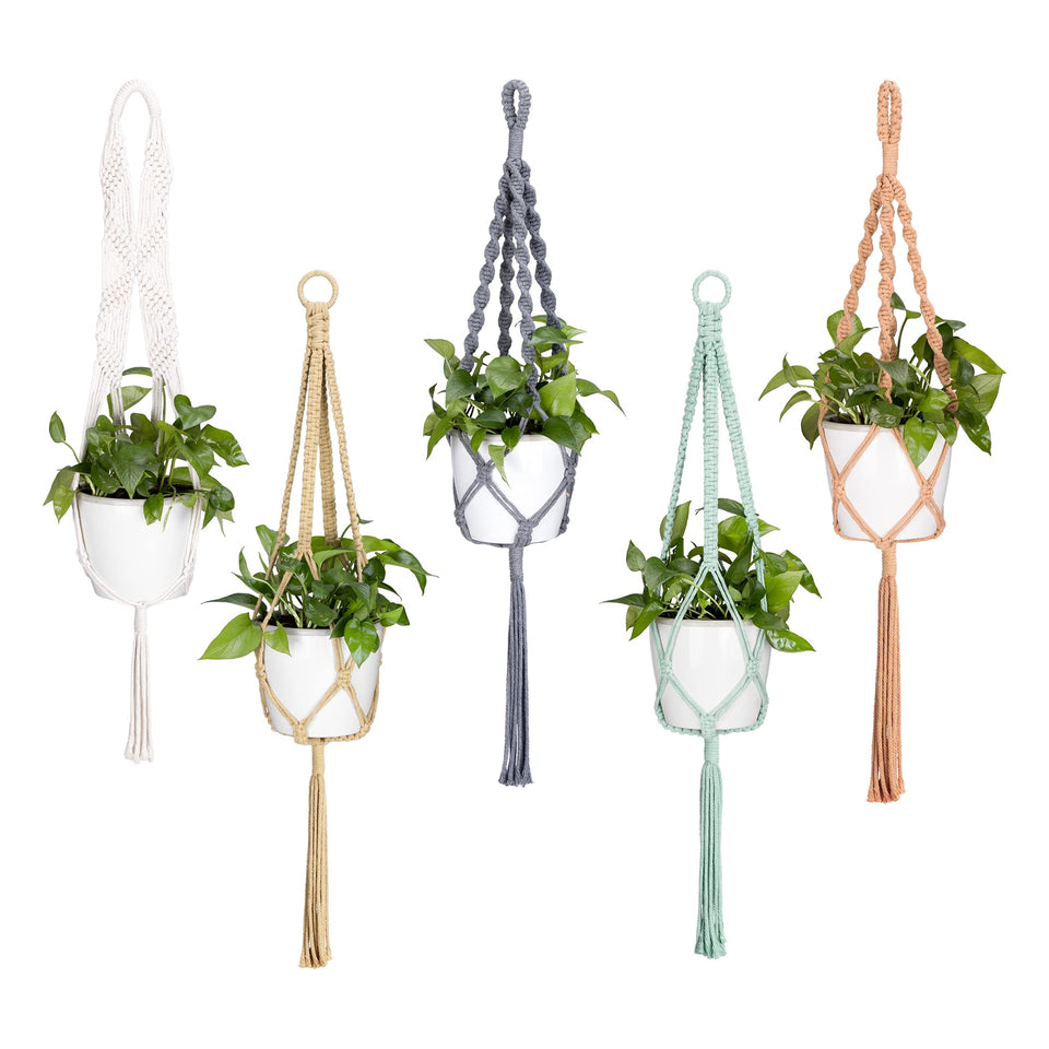Navaris macrame plant hangers 5-pack in varied styles for stylish indoor display.