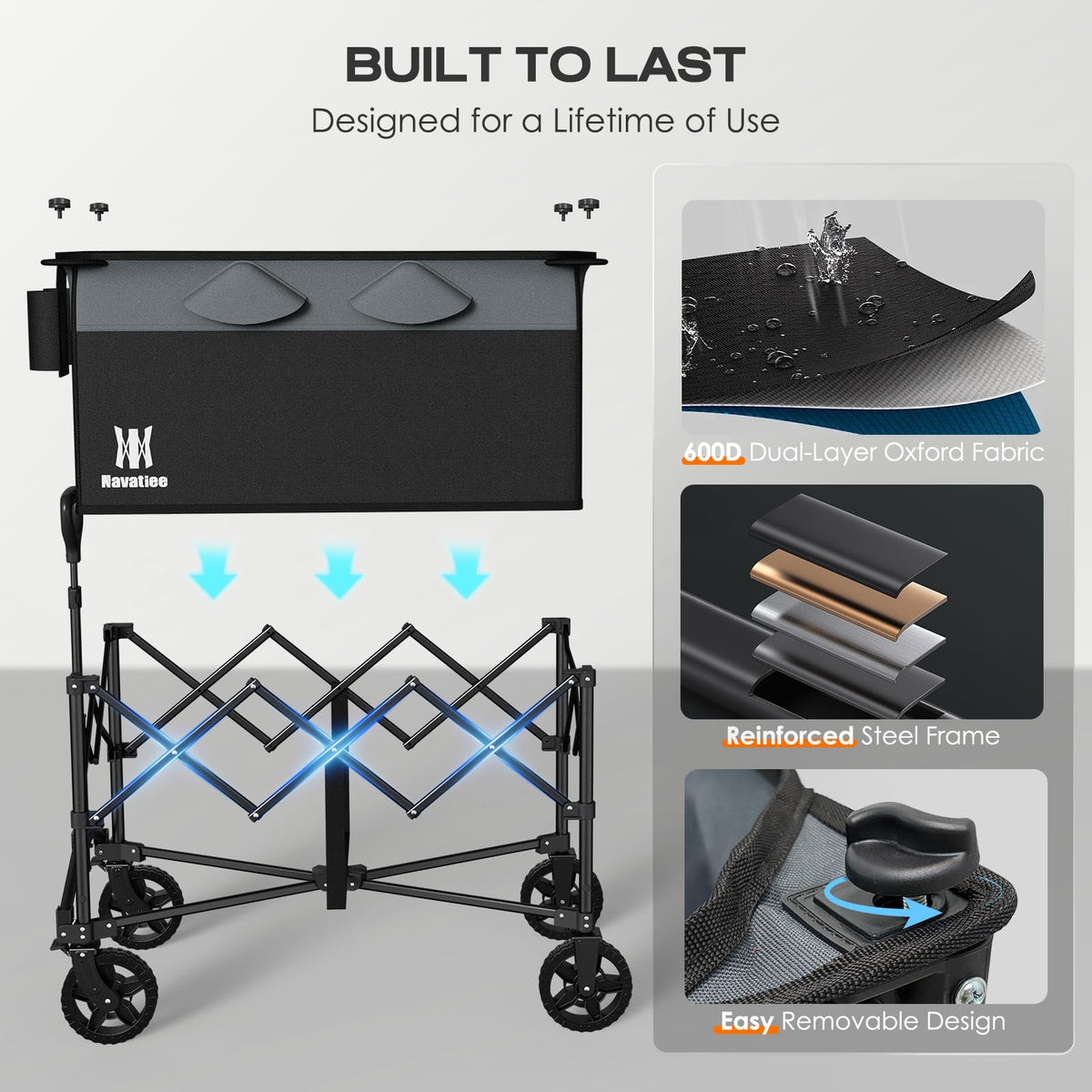 Navatiee rugged steel frame supports heavy loads for outdoor use.
