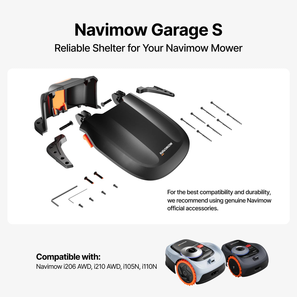 NAVIMOW Garage S contents include hardware for quick installation.