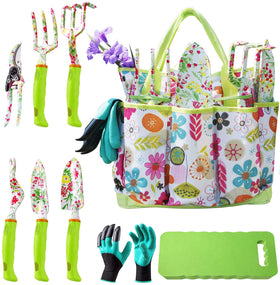 NAYE garden tool set tote bag with floral print for easy tool transport.