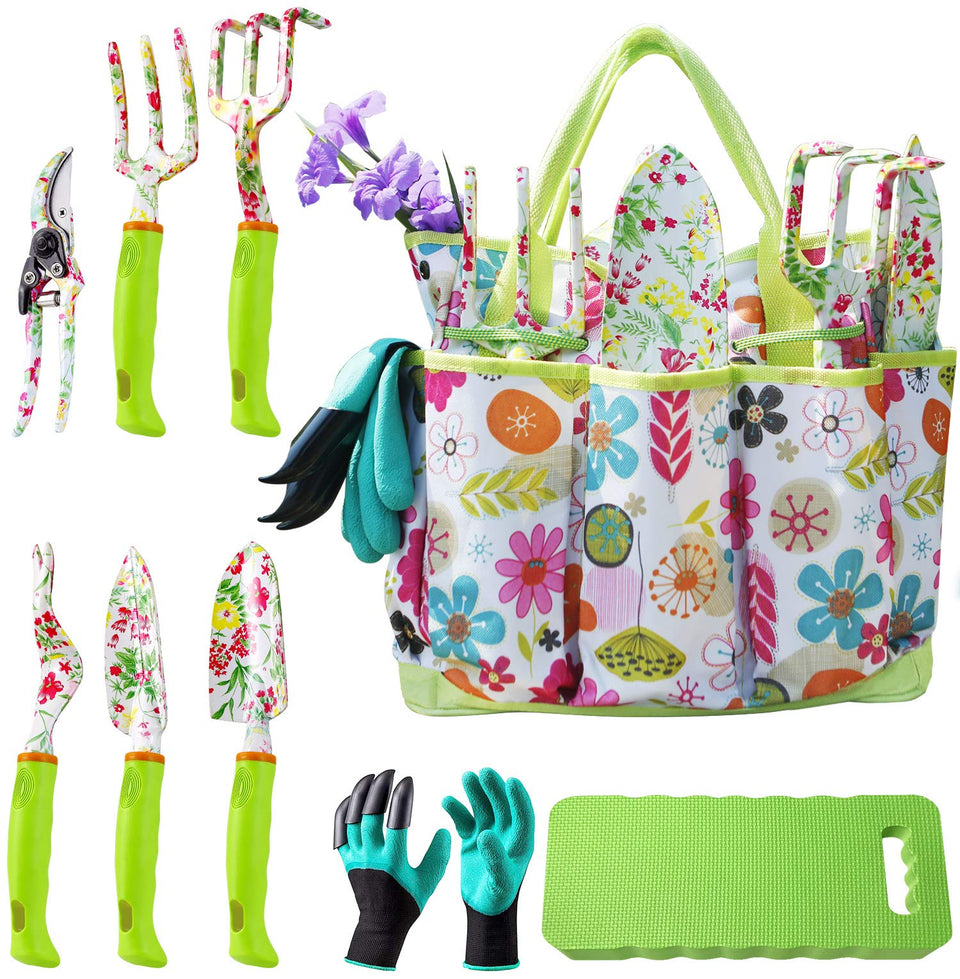 NAYE garden tool set tote bag with floral print for easy tool transport.