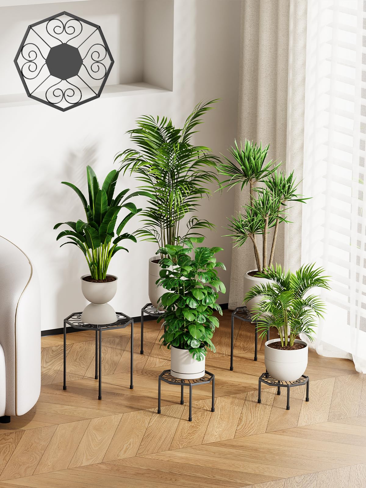 NBPUJ 5-pack metal plant stands show a multi-tier display for indoor and outdoor plants