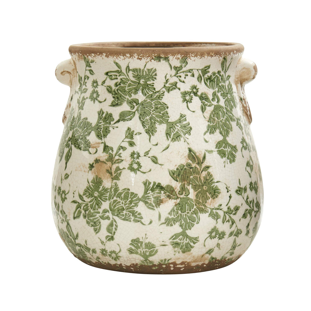 Nearly Natural 10in ceramic vase with floral green scroll, ideal for elegant shelf display.