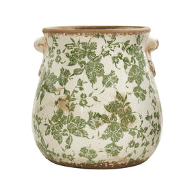 Nearly Natural 10in ceramic vase with floral green scroll, ideal for elegant shelf display.