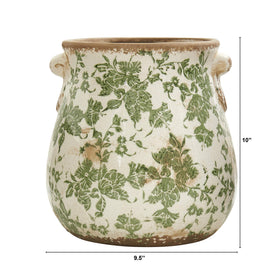 Nearly Natural Tuscan green scroll ceramic vase, enhances indoor decor with rustic charm.