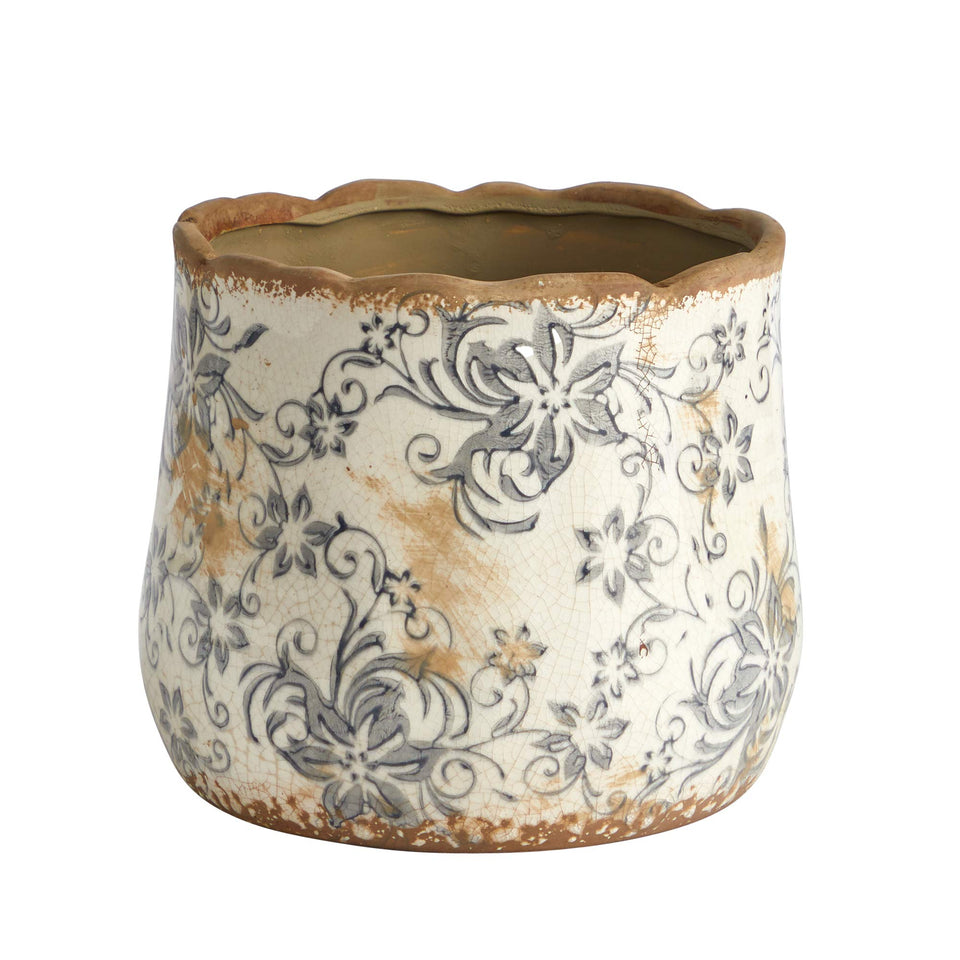 Nearly Natural Tuscan gray scroll ceramic planter perfect for indoor decor.