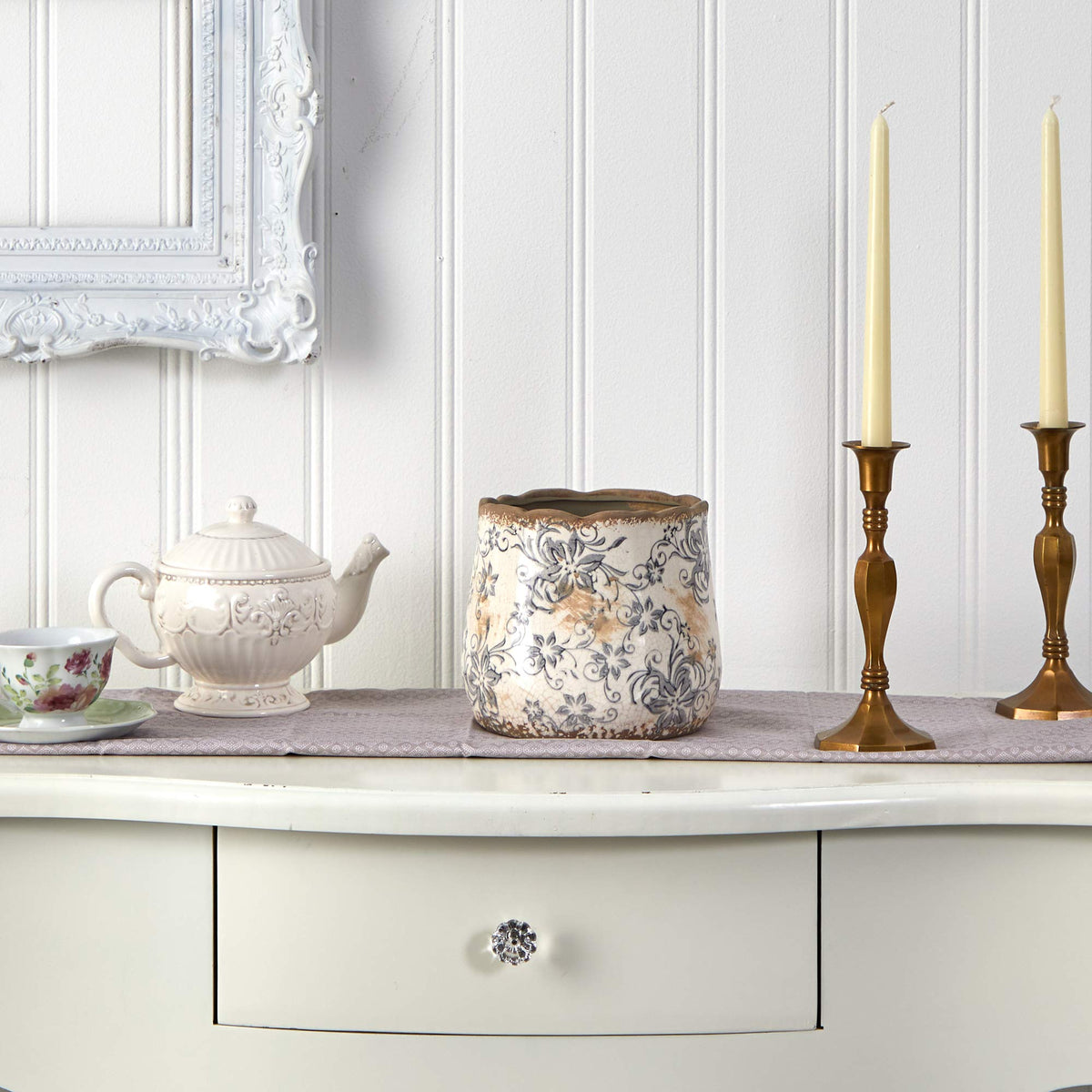 Nearly Natural tuscan-gray-scroll ceramic planter indoor accent with timeless charm.