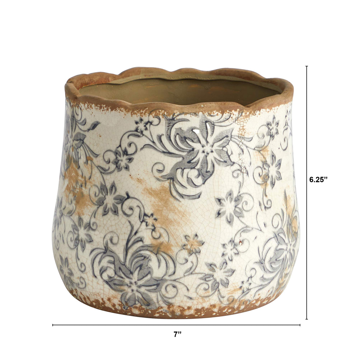 Nearly Natural tuscan-gray-scroll planter side angle for compact centerpiece.