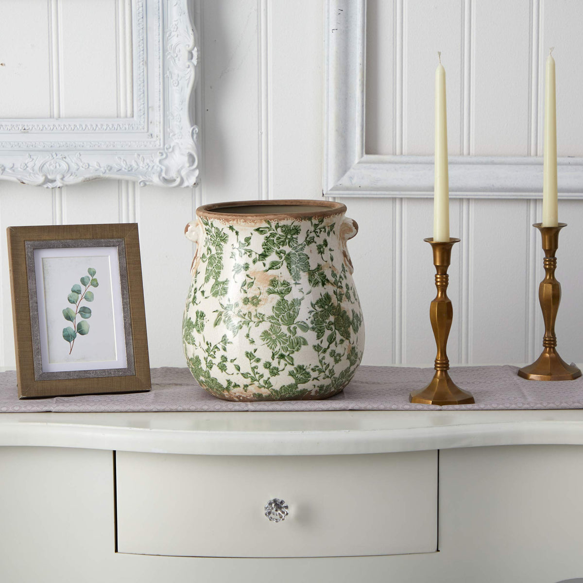 Nearly Natural decorative vase on shelf display, versatile for empty or floral arrangements.