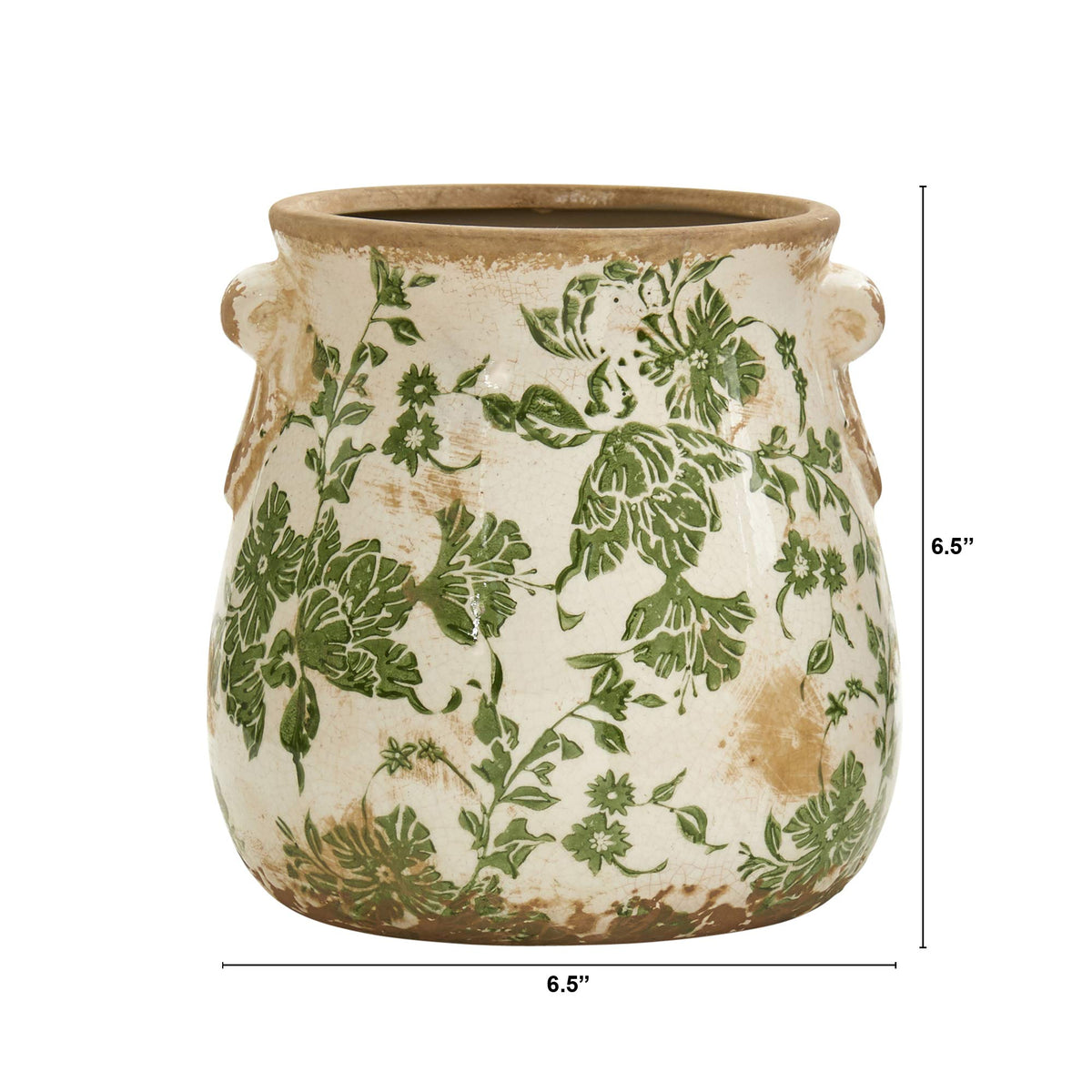 Nearly Natural Tuscan-green floral scroll vase, durable kiln-fired ceramic for long-lasting indoor decor.
