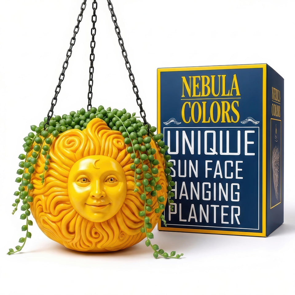 Nebula Colors sun-face planter front view showing double-faced celestial decor for indoors and outdoors