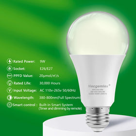 Necgemlex grow light in E26 socket demonstrates easy, universal installation.