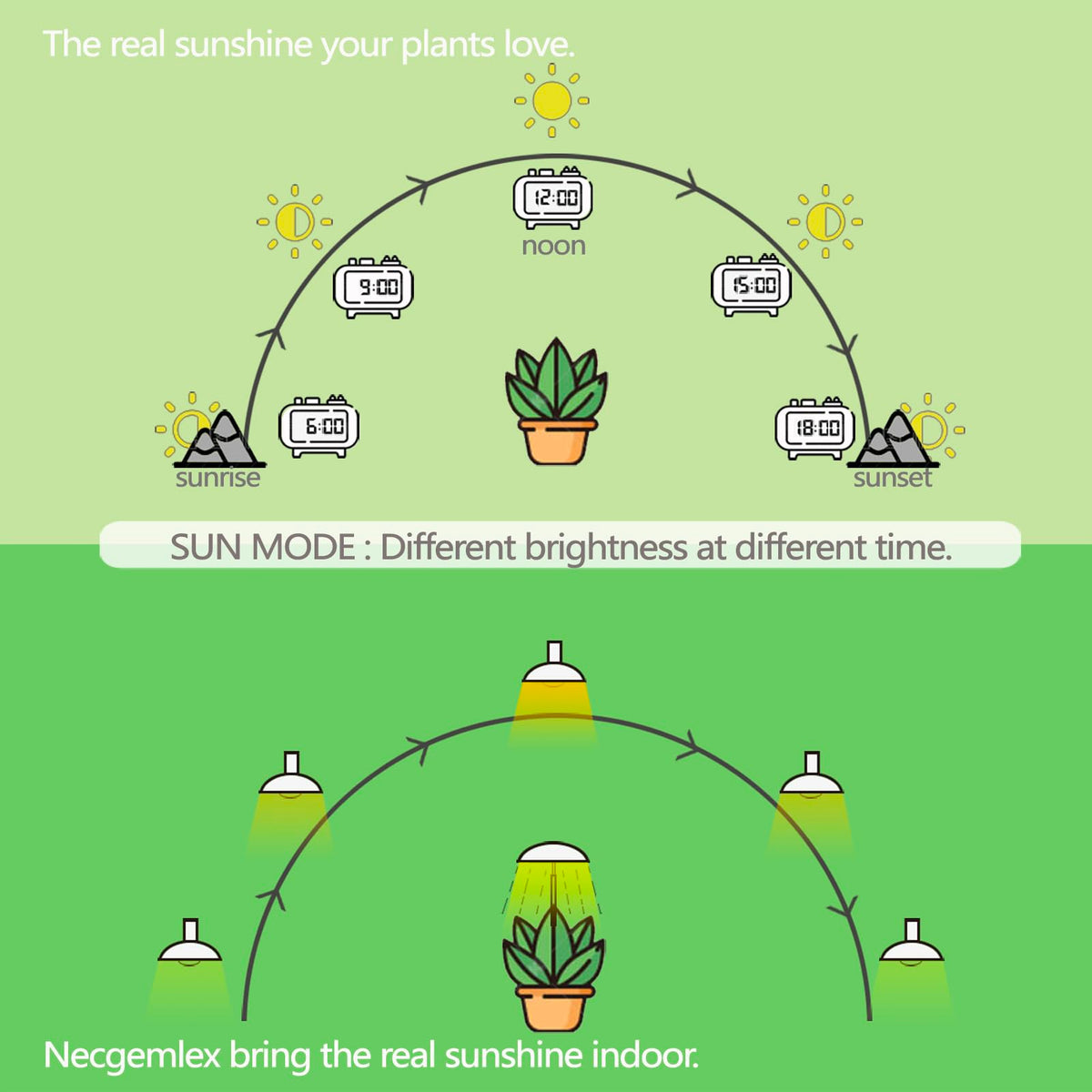 Necgemlex full-spectrum grow light close-up highlights 380–800 nm range for healthier indoor plants.
