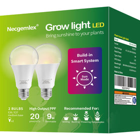 Necgemlex Sun Mode LED grow light bulb front view demonstrates auto dimming for natural daylight cycles.