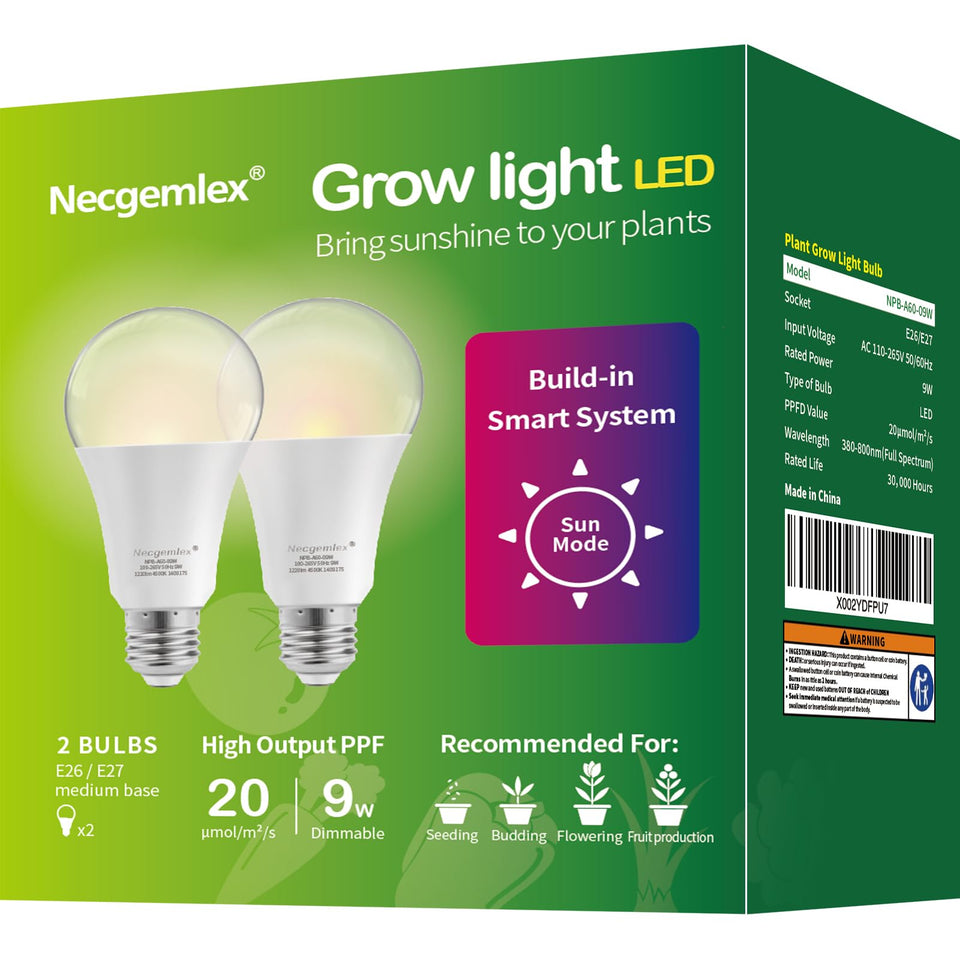 Necgemlex Sun Mode LED grow light bulb front view demonstrates auto dimming for natural daylight cycles.