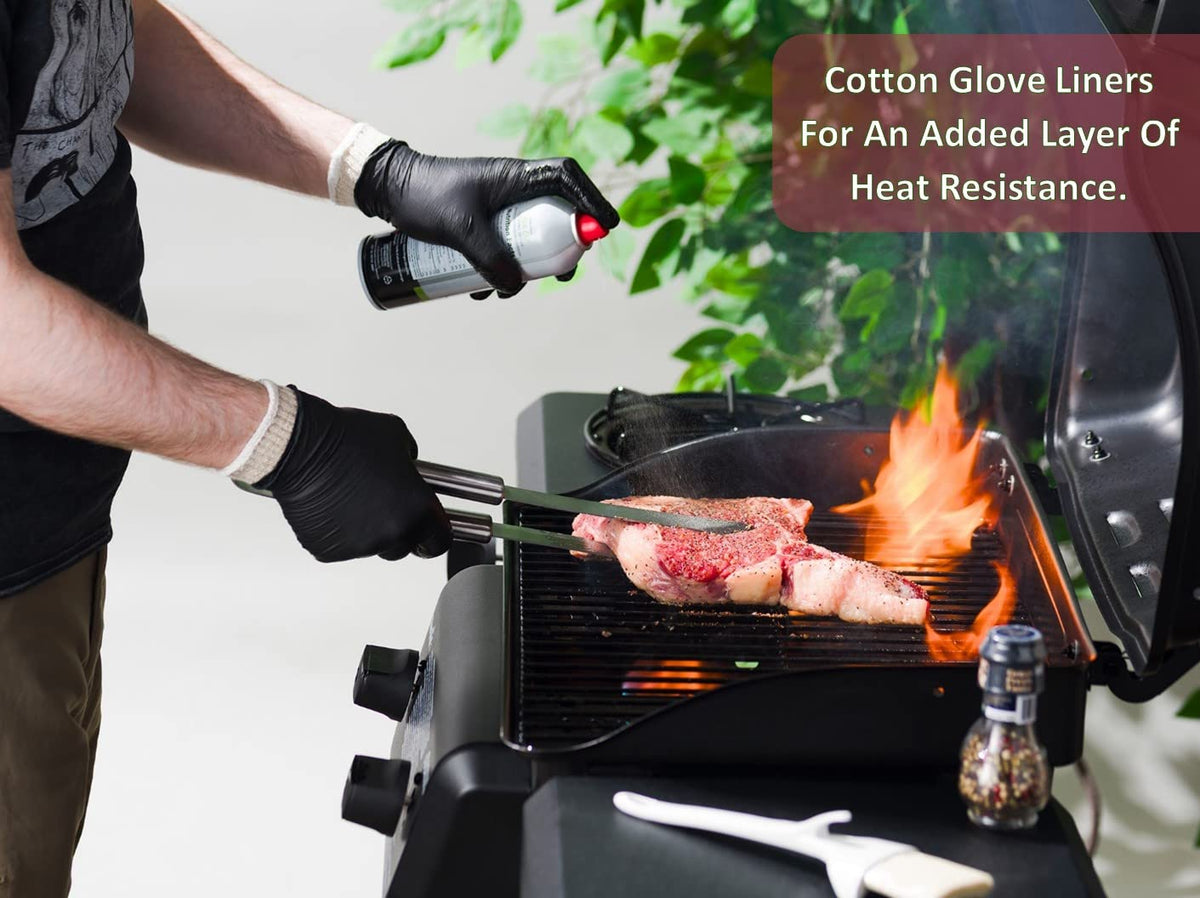 Nechtik glove-liner layering shows safe handling of hot meat and utensils.