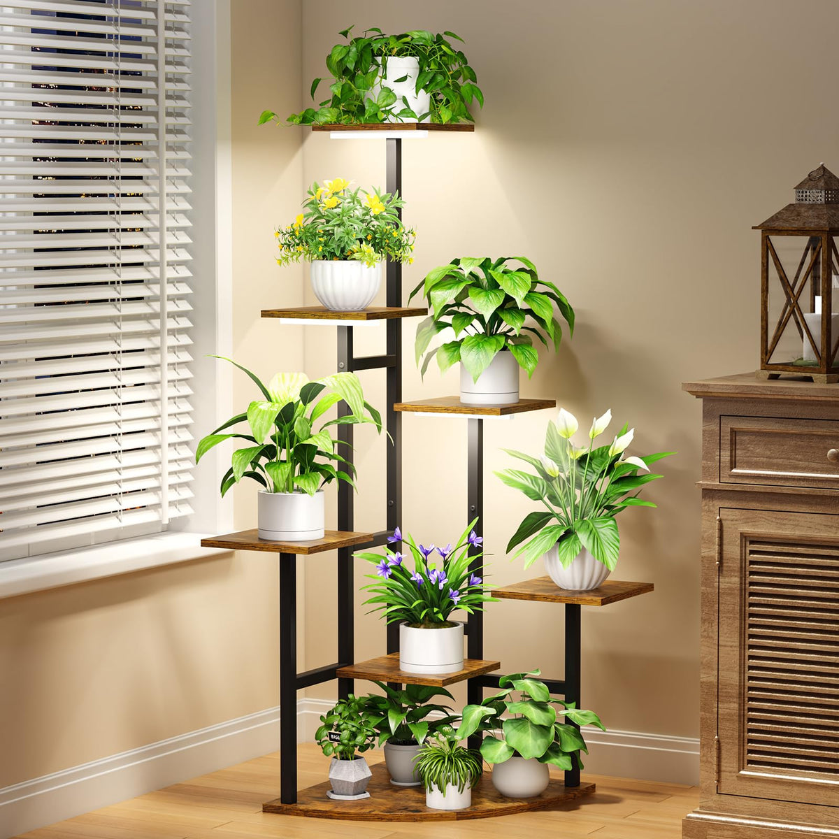 Nedechom seven-tier plant shelf viewed from corner for space efficiency