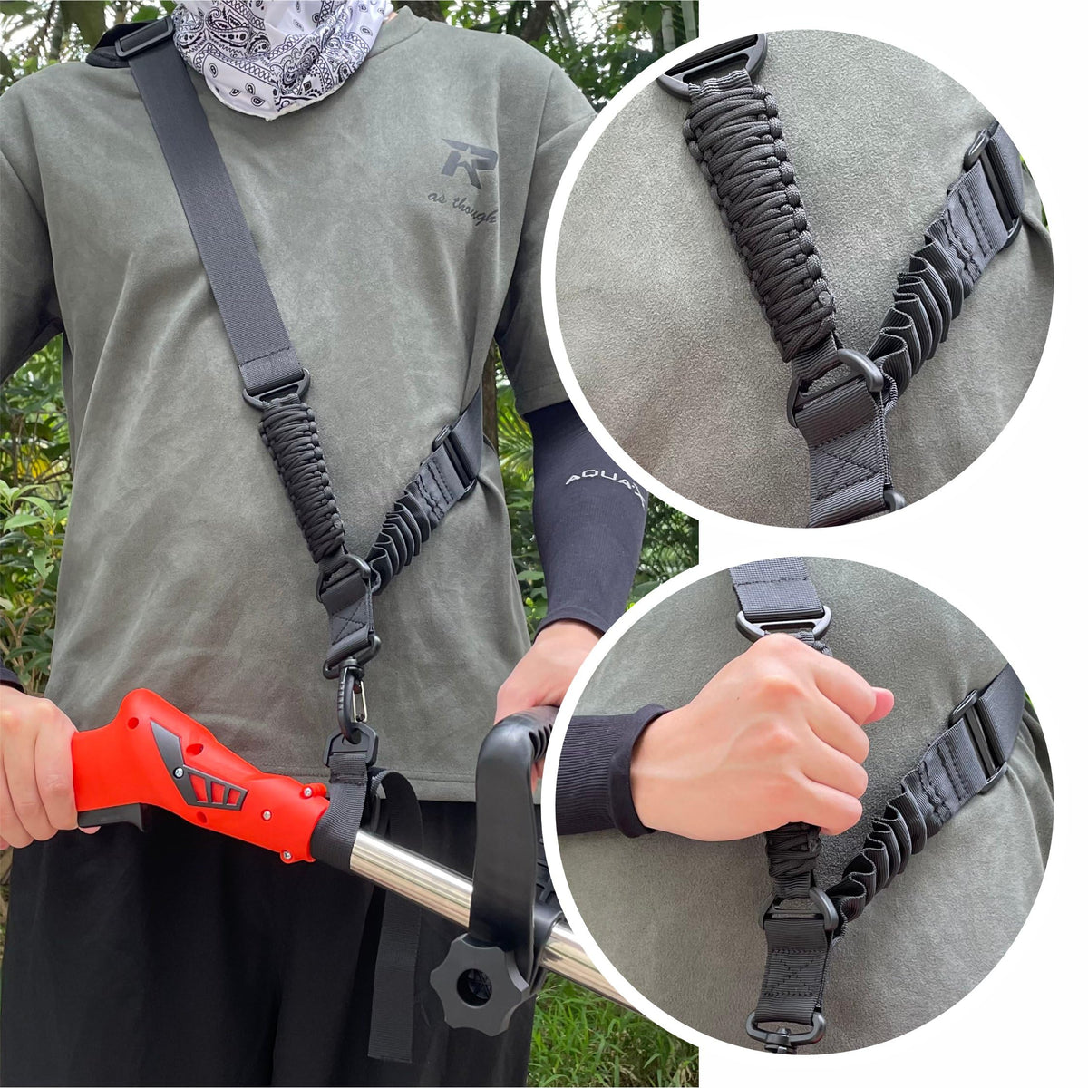 NeJesZoe Trimmer Strap with bungee buffer reduces fatigue during heavy yard work.
