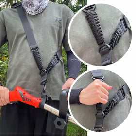NeJesZoe Trimmer Strap with bungee buffer reduces fatigue during heavy yard work.