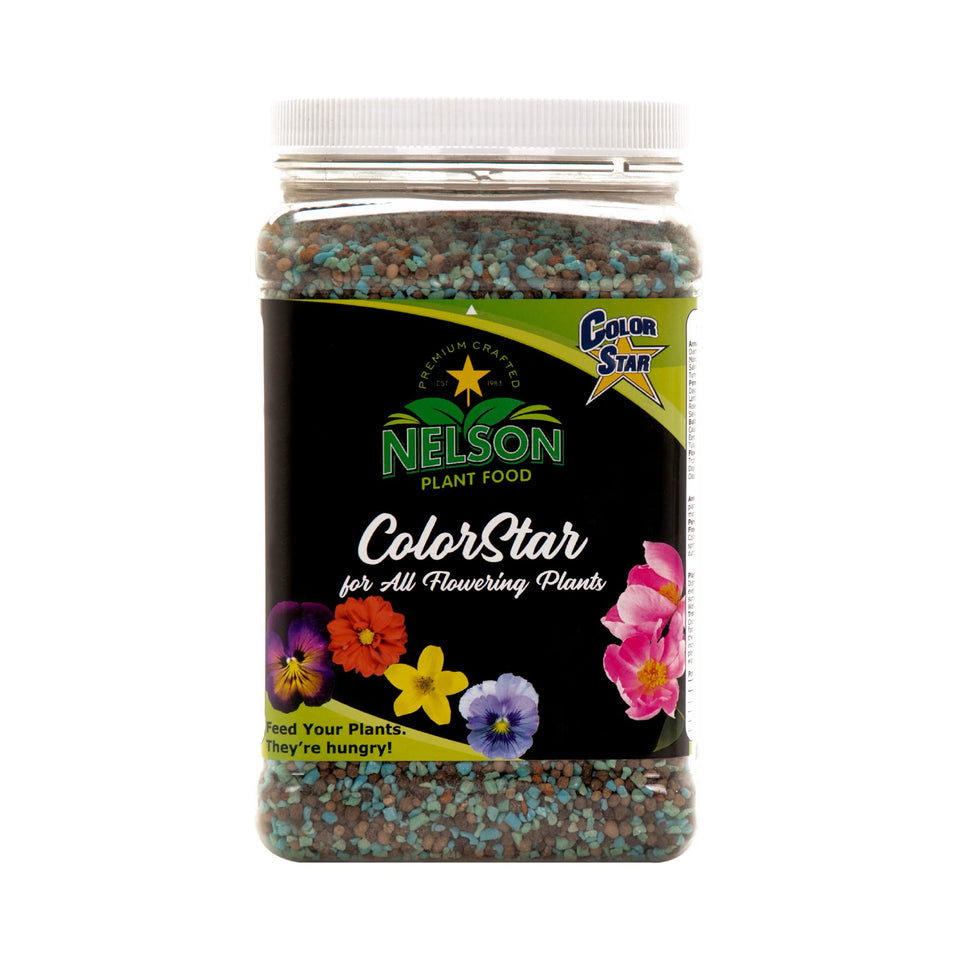 Nelson ColorStar outdoor fertilizer bottle boosts bloom size and garden color.