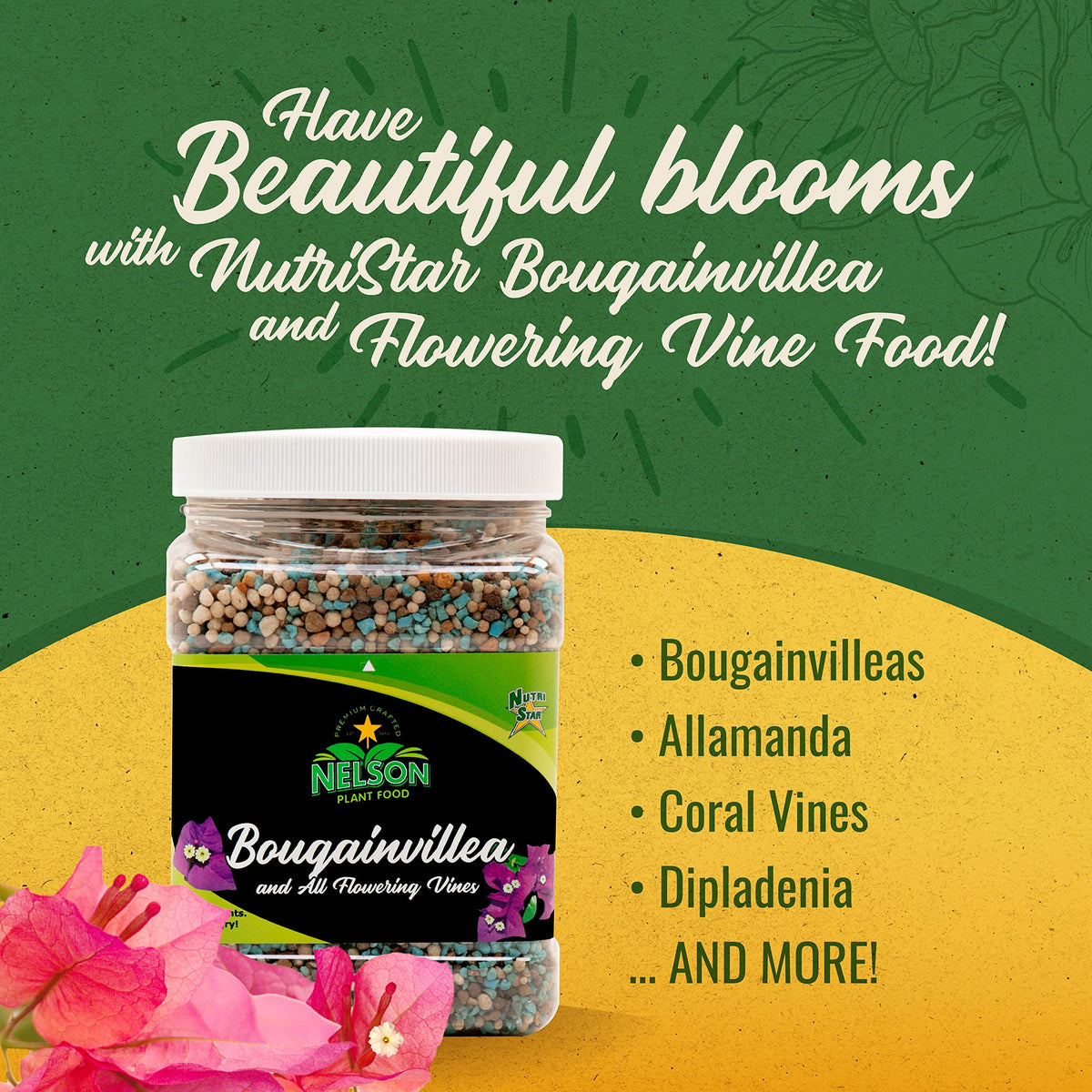 Nelson Plant Food for All Vines supports trumpet vine blooms with balanced nutrients.