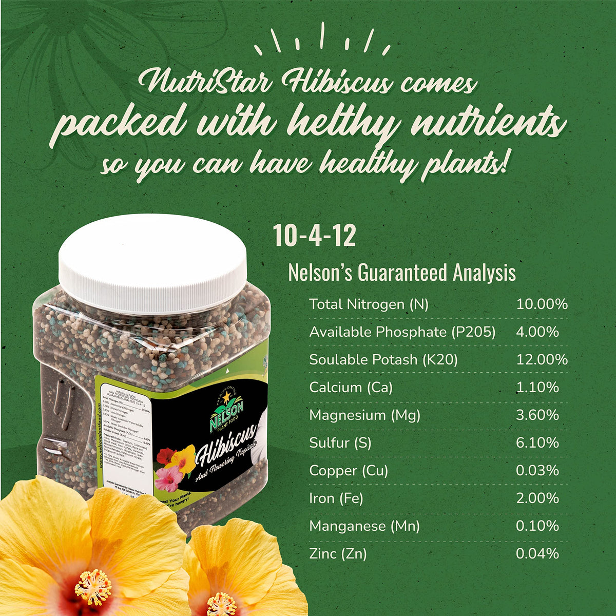 Nelson NutriStar Hibiscus fertilizer outdoors on tropical flowering plants with lush blooms
