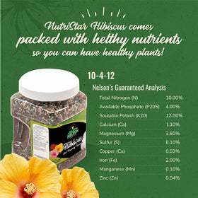 Nelson NutriStar Hibiscus fertilizer outdoors on tropical flowering plants with lush blooms