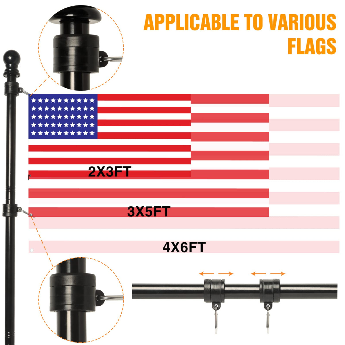 NELXINJO adjustable-length flag pole from 1.3ft to 5ft for versatility.