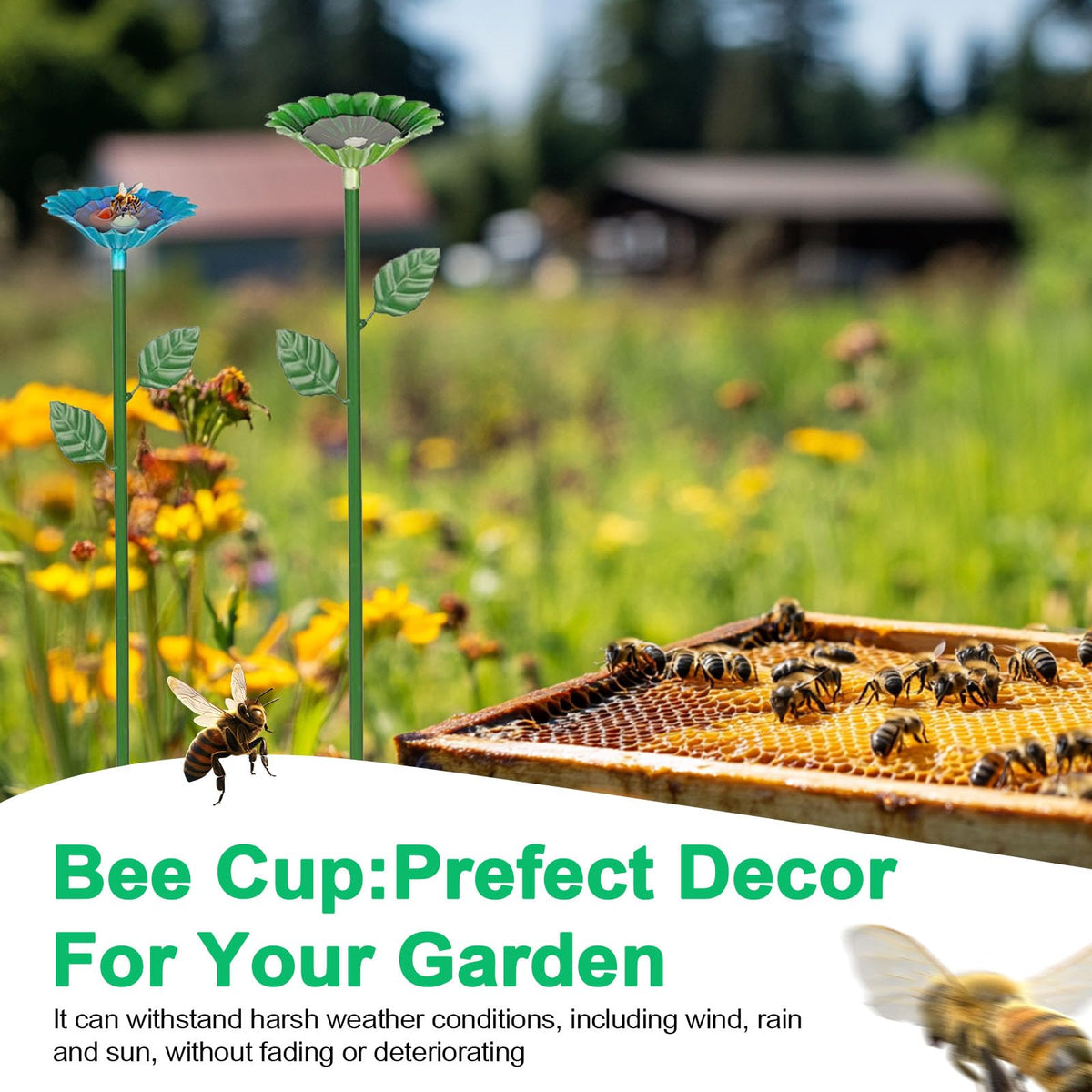 Nenkarn bee-cups-on-adjustable-stakes quick, tool-free installation in your yard.