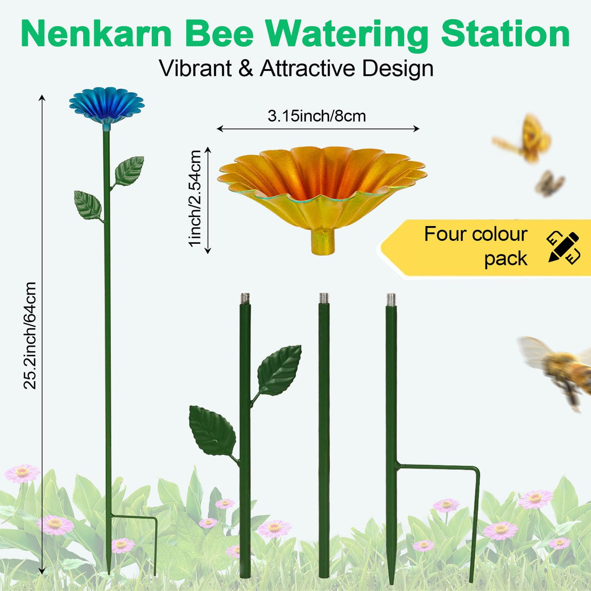 Nenkarn flower-shaped bee watering station green provides safe hydration for garden pollinators.