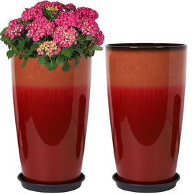 Neoaider fiery red tall planter, front view, ideal for dramatic porch landscaping