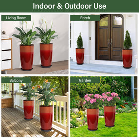 Neoaider fiery red tall planter outdoor patio scene, weatherproof against sun and rain
