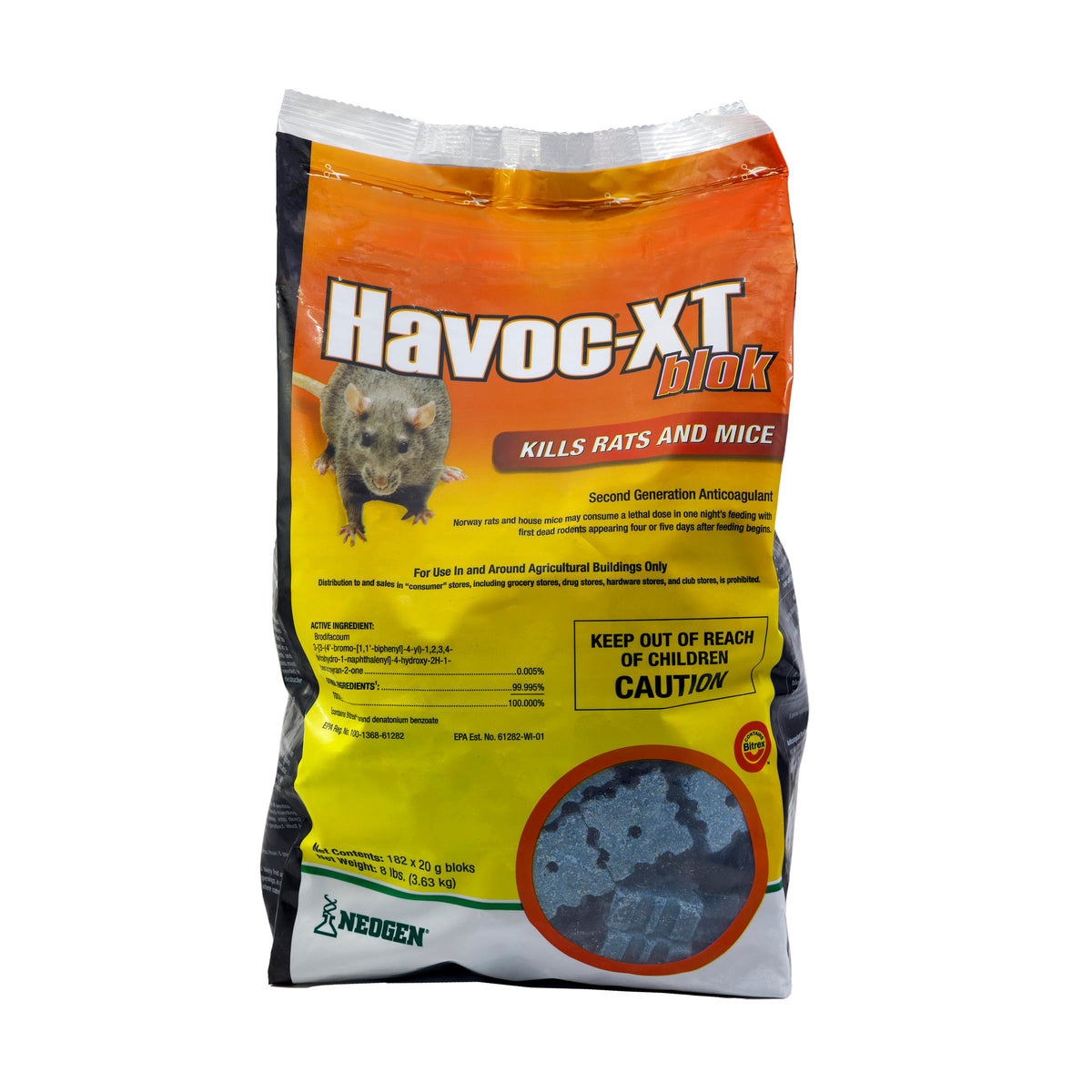 Neogen Havoc XT rat bait block pouch 8 lb for warfarin-resistant rats.