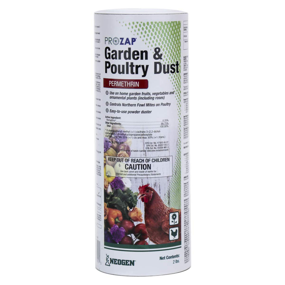 Neogen Prozap Garden & Poultry Dust package protects plants and poultry.