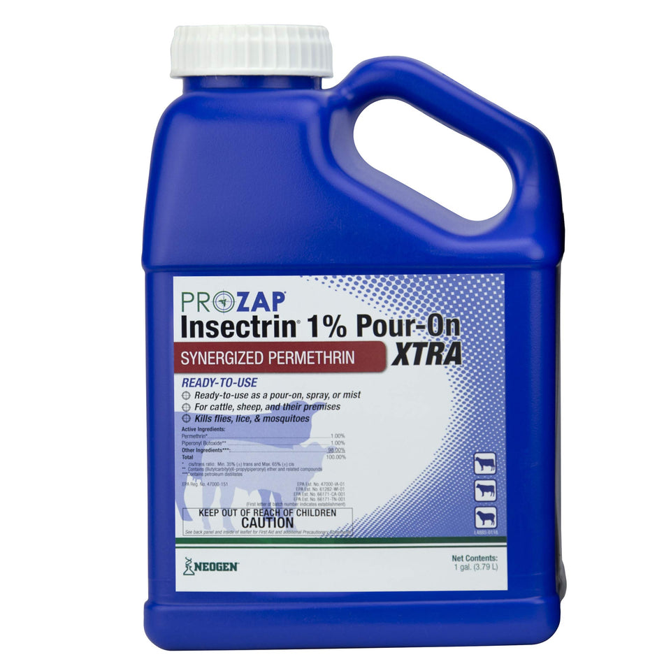 Neogen Prozap Insectrin 1% Pour-On Xtra bottle for livestock pest protection against flies and lice