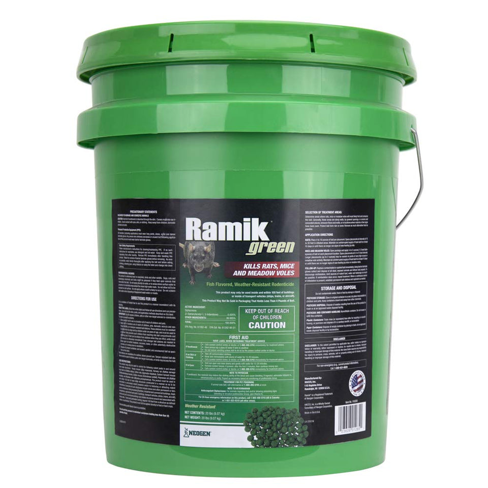 Neogen Ramik Green pellets close-up, fish-flavored grain mix for effective rodent control indoors and outdoors.