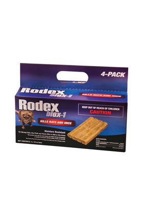 Neogen Rodex Blox-1 bait bars shown for rats and mice use, indoors near walls.