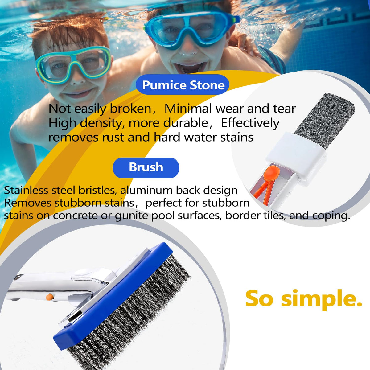 NEOHATION 5-inch stainless steel pool brush clearing stains on tile and plaster