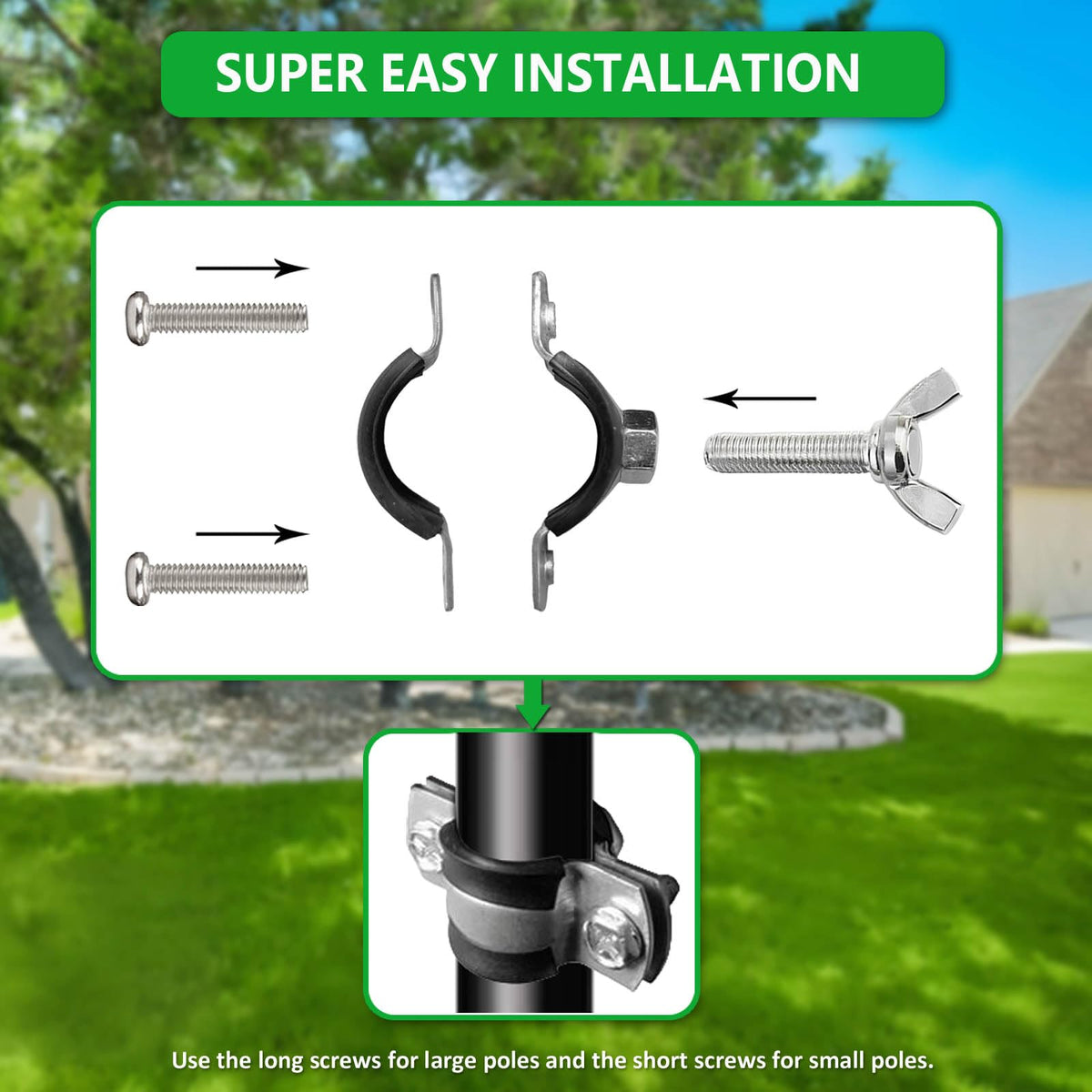 Neokisa baffle clamp fits pole diameters from 0 to 1.26 inches.