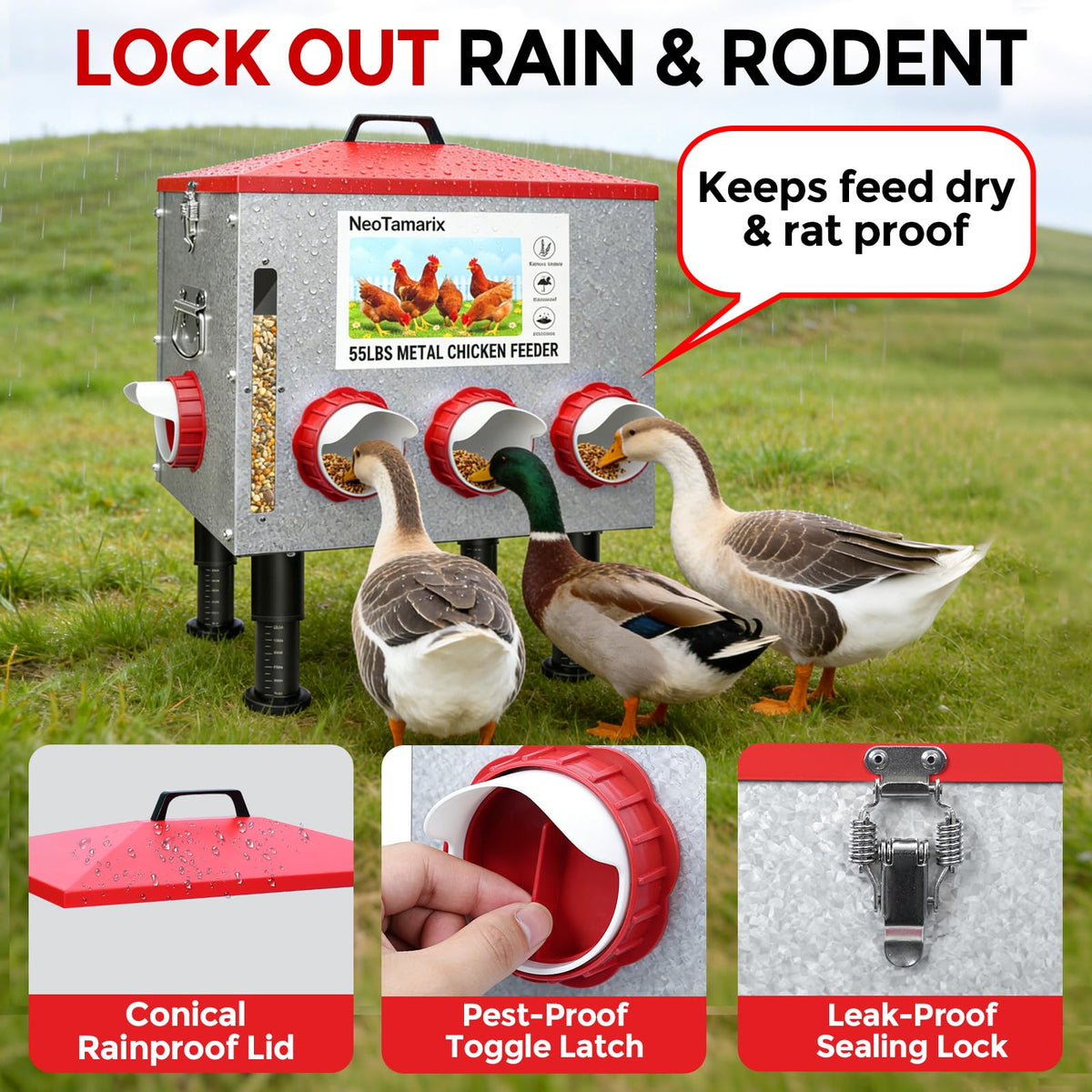 NeoTamarix conical seal keeps feed clean and dry from rain
