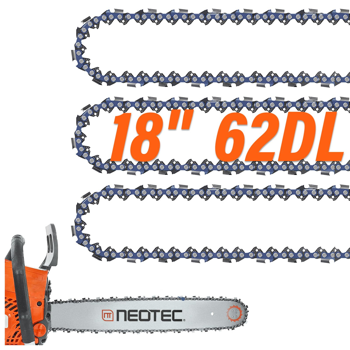 NEO-TEC 18in chain pack shot highlights 3/8 LP pitch and 62 drive links for durable cutting