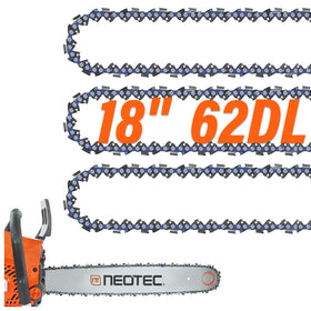 NEO-TEC 18in chain pack shot highlights 3/8 LP pitch and 62 drive links for durable cutting